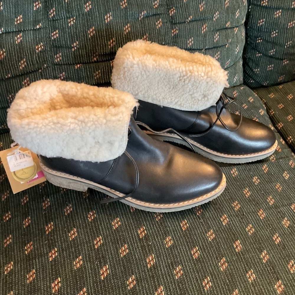 Joules Heybrook Booties‎ Ankle Boots Black Leather Shearling Fold Cuff US 6 NWT